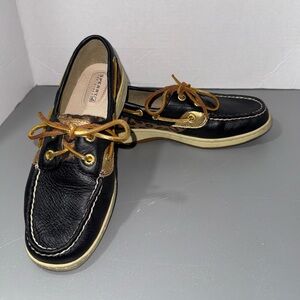Sperry Navy Leather Boat Shoes with Tan Laces size 6